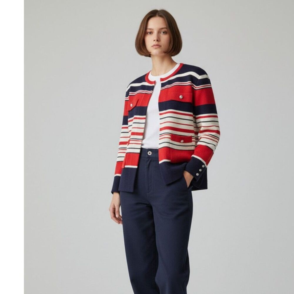 Anne Klein Women's Size 2X Cardigan Sweater Red Striped Textured Knit Open Front